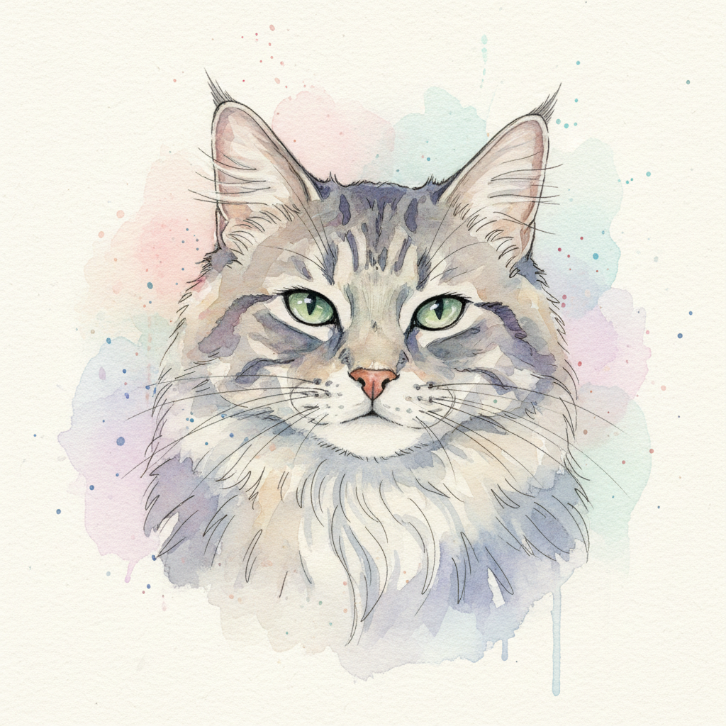 Watercolour AI pet portrait of a grey tabby cat in soft pastel washes with delicate ink linework on cream paper