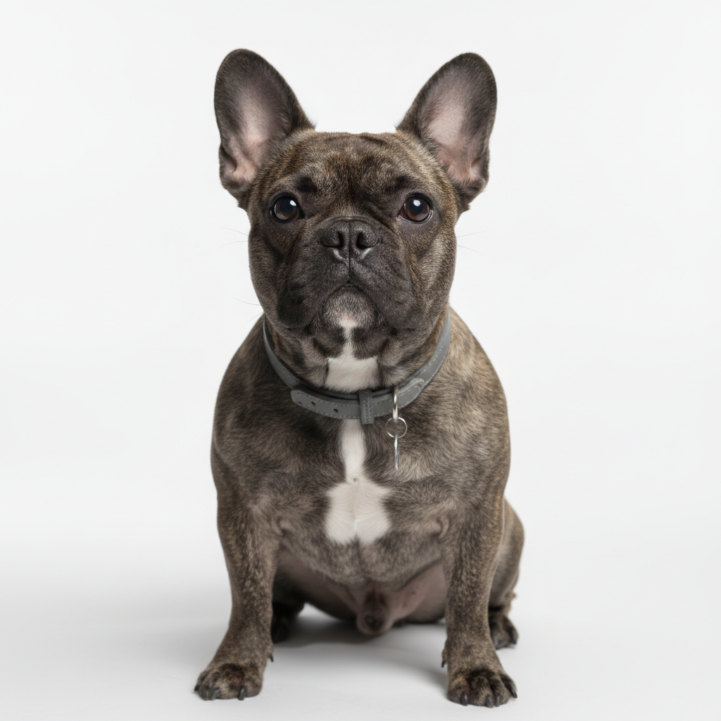 Studio pet photography style AI portrait of a French bulldog on a clean white seamless background with soft key lighting