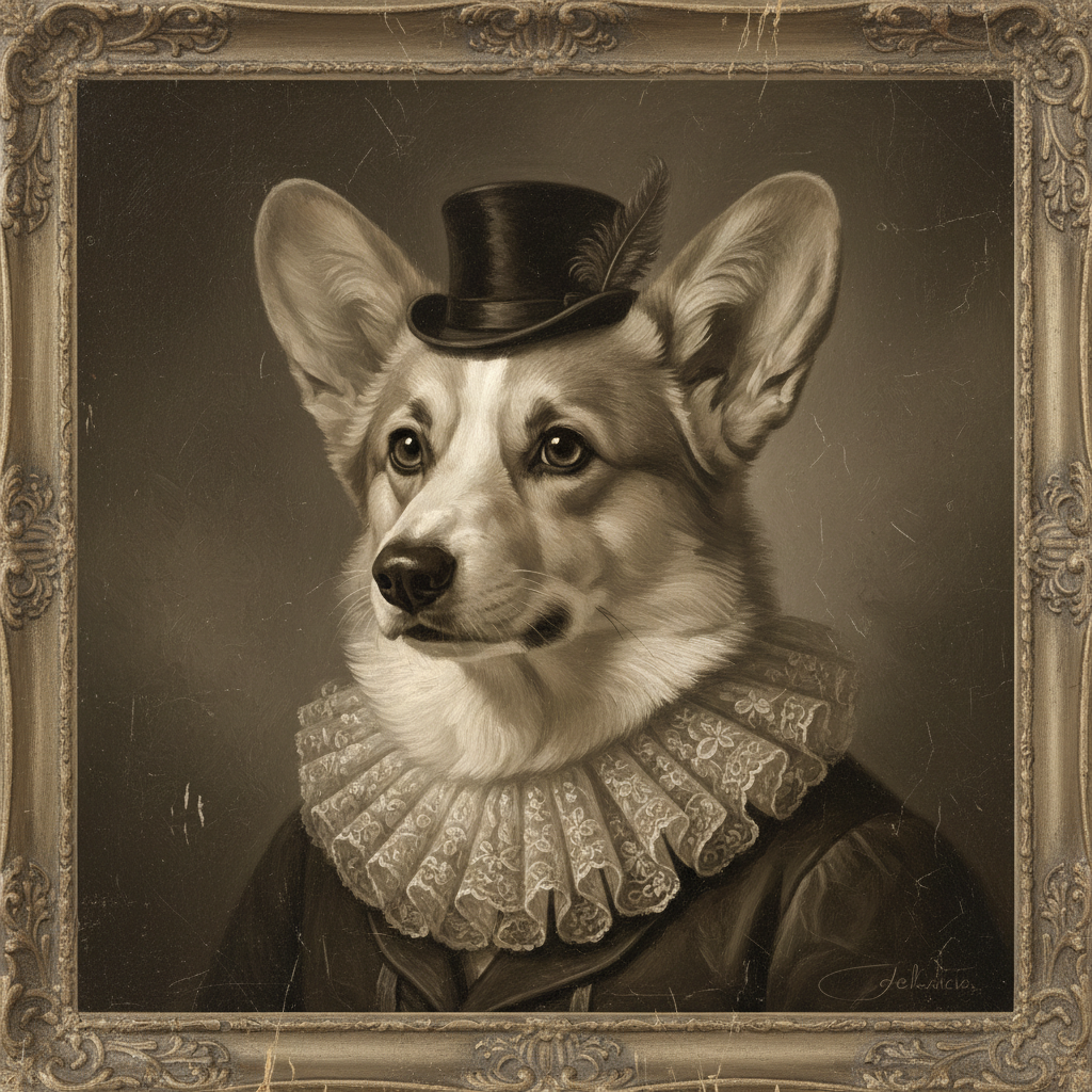 Victorian style digital animal art of a corgi in a lace collar and tiny top hat, rendered in sepia tones on aged canvas