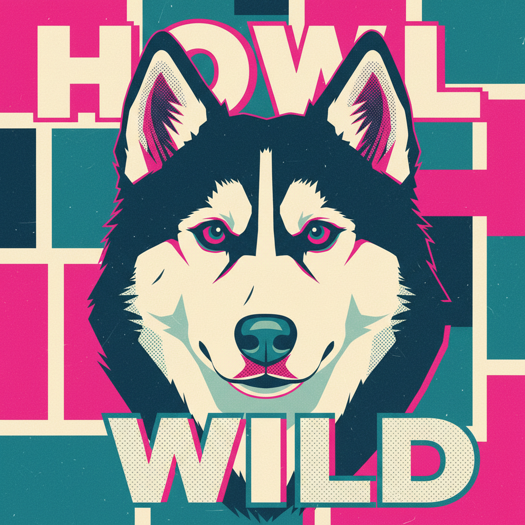 Pop art pet illustration of a black and white husky in bold flat colour blocks with halftone shading, set on a magenta and teal poster reading HOWL WILD