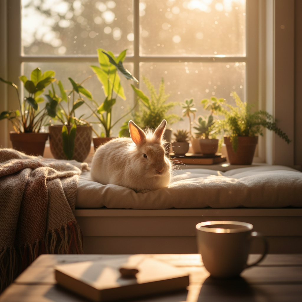 Cosy lifestyle AI pet portrait of a cream rabbit resting on a sunlit window seat cushion among potted plants in warm golden hour light