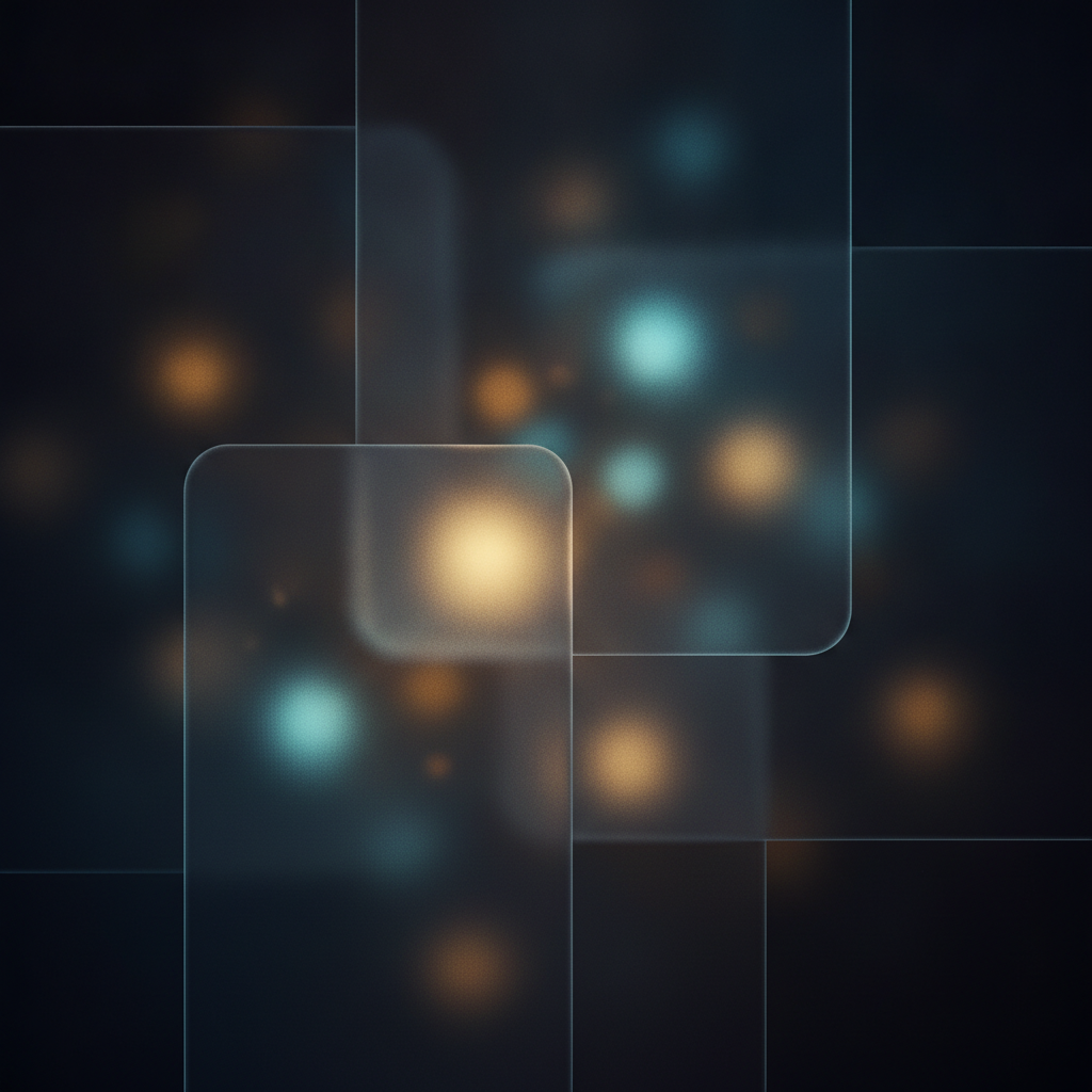 App interface stand-in art — blurred golden and teal gradient orbs behind frosted glass panels in a dark mode aesthetic