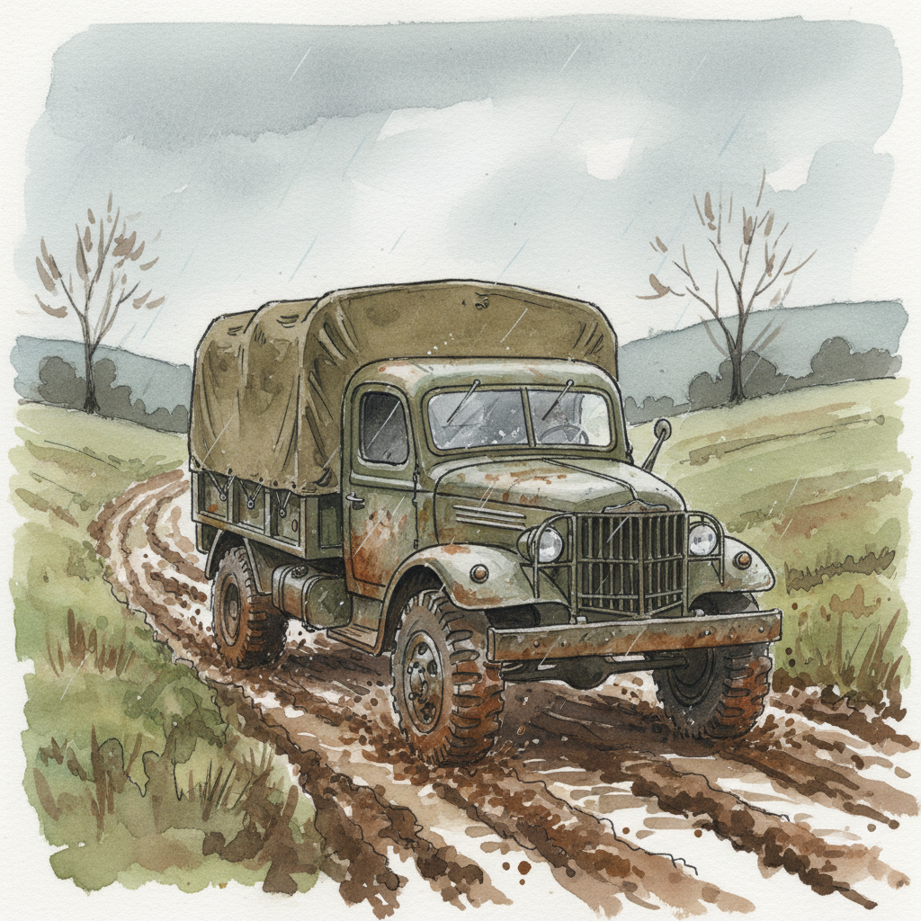 World war art example — loose watercolour illustration of a weathered canvas-back transport truck on a muddy country lane under overcast light