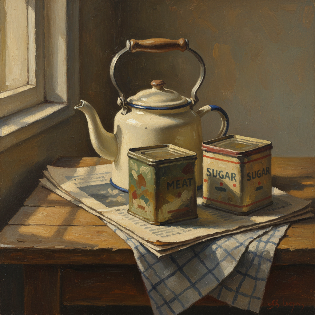 WWII images example — painterly still life of a 1940s enamel teapot, ration tins and a folded newspaper on a wooden kitchen table in warm light