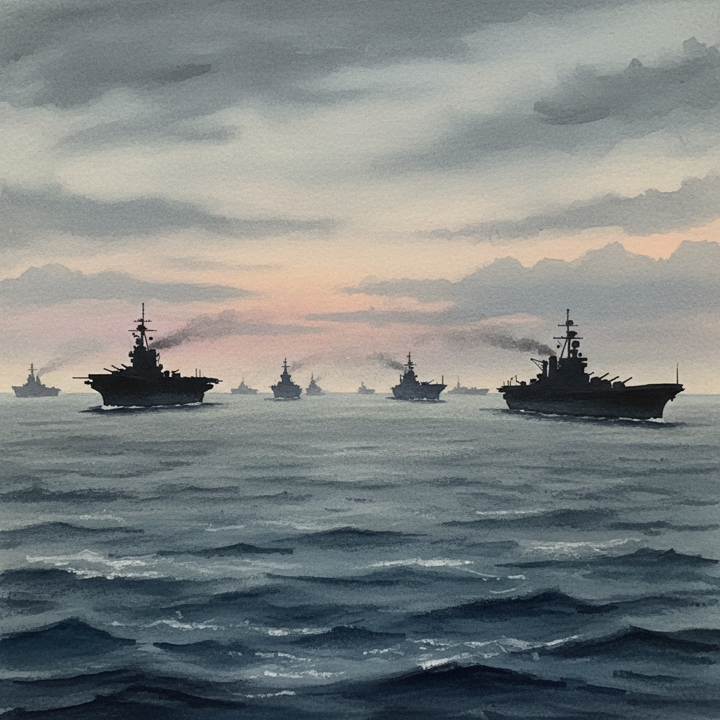 Historical art example — atmospheric gouache illustration of naval convoy silhouettes on a grey ocean at dusk with a long empty horizon
