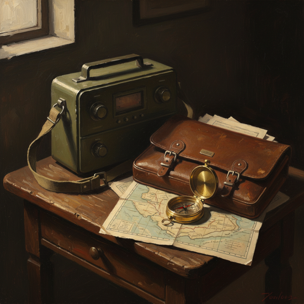 Digital history illustration — chiaroscuro oil painting of a field radio set, leather satchel, brass compass and folded map on a scarred wooden table