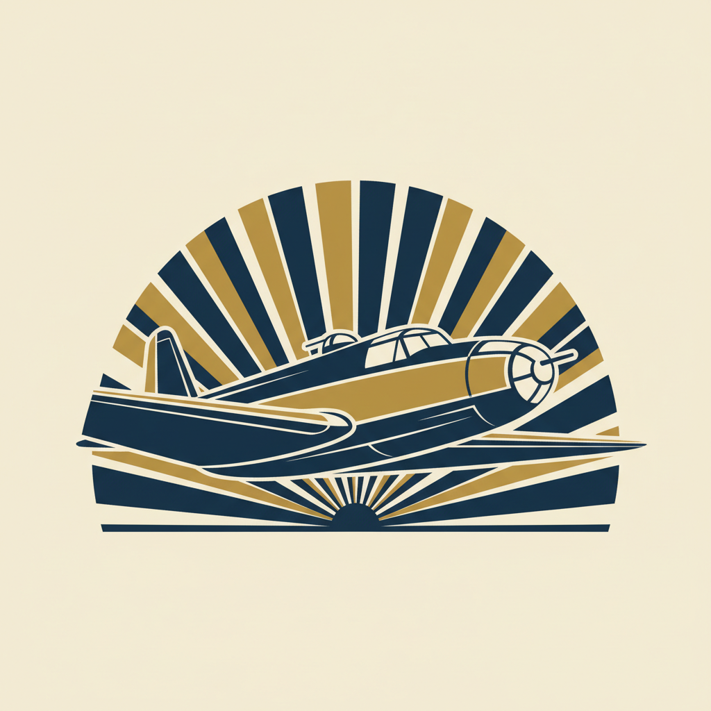AI art in period style — flat deco graphic illustration of a 1940s propeller aircraft in side profile against a geometric sunburst in a limited cream, navy and gold palette