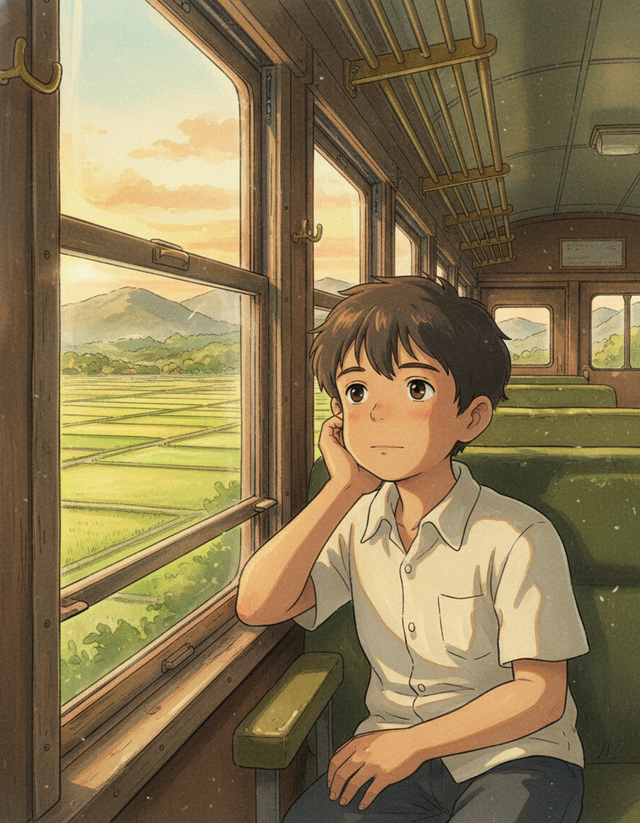 AI Ghibli-style anime illustration of a boy gazing dreamily out of a vintage train window at misty countryside at golden hour — nostalgic hand-painted watercolour Ghibli-inspired art generated by GPT Image 2