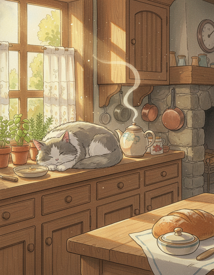 AI Ghibli-style anime illustration of a fluffy grey cat curled on a cosy cottage windowsill with a steaming teapot and warm afternoon light — hand-painted watercolour Ghibli-inspired art generated by GPT Image 2