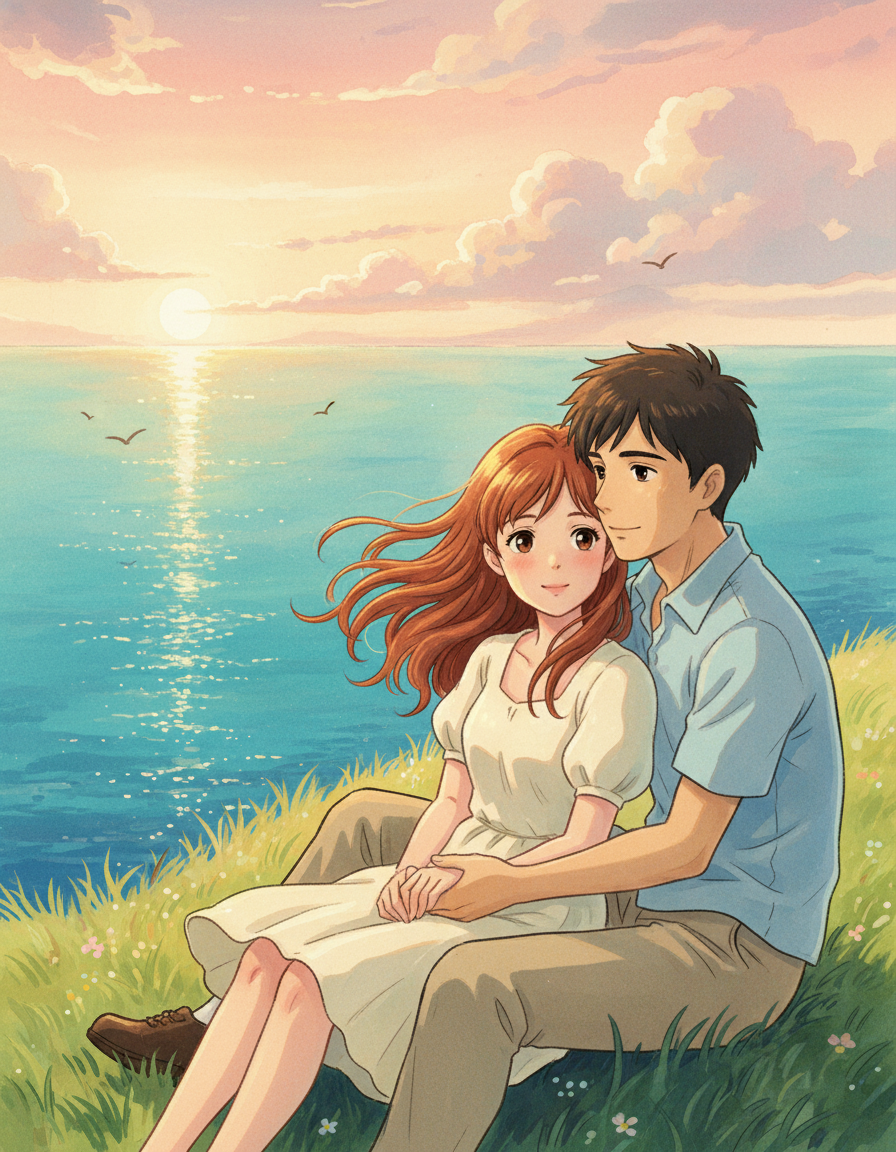 AI Ghibli-style anime illustration of a young couple sitting on a clifftop above a turquoise sea at sunset — tender hand-painted watercolour Ghibli-inspired art rendered by GPT Image 2