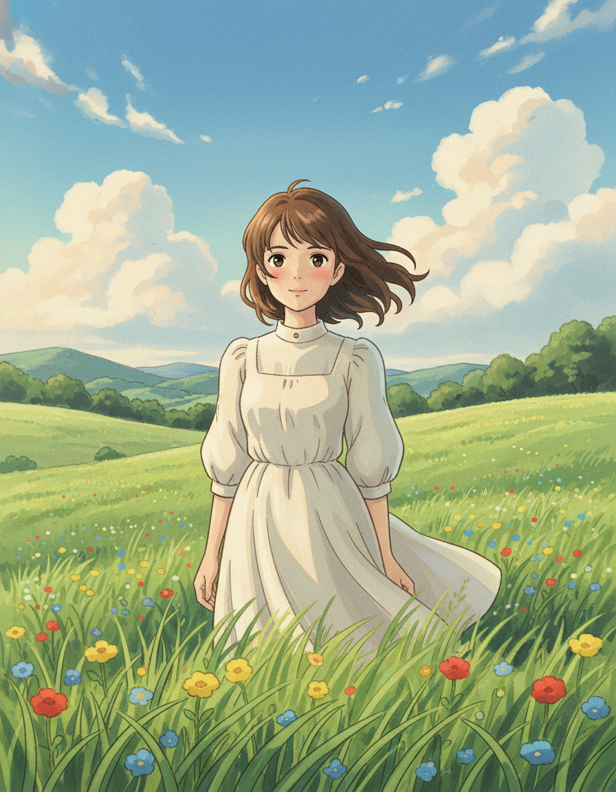 AI Ghibli-style anime illustration of a young woman with soft expressive eyes and flowing brown hair standing in a windswept green meadow under a soft cloudy sky — hand-painted watercolour Ghibli-inspired art rendered by GPT Image 2