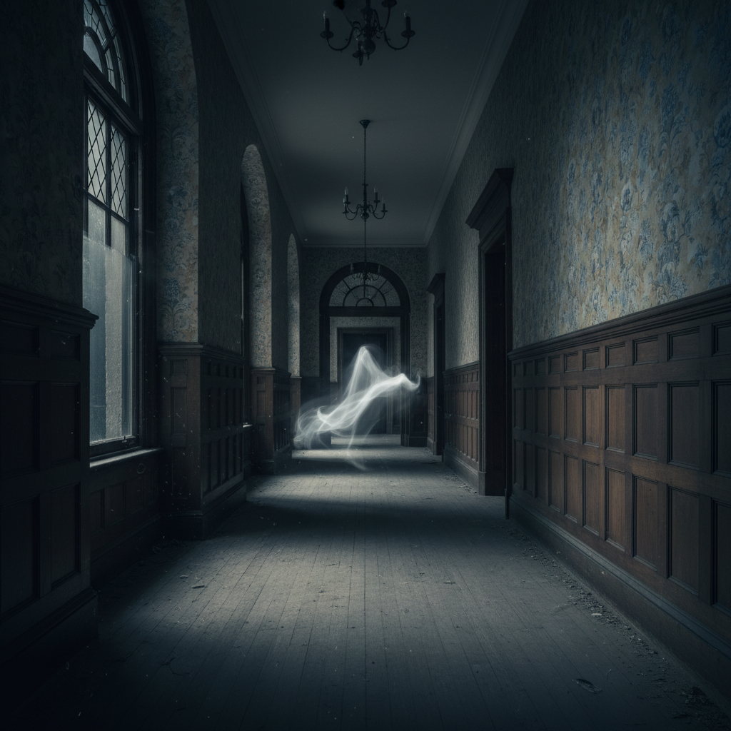 AI ghost image creator output — long exposure photograph of an empty Victorian hallway at night with a translucent white blur drifting near the far doorway