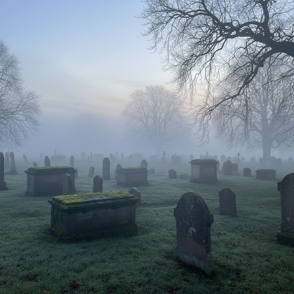 AI ghost images example — misty graveyard at dawn with thick low fog between weathered stone headstones and bare trees