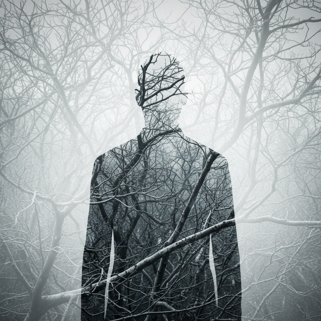 Haunted photo generator example — double exposure of a dark faceless silhouette merged with bare winter forest branches in ethereal grey and white