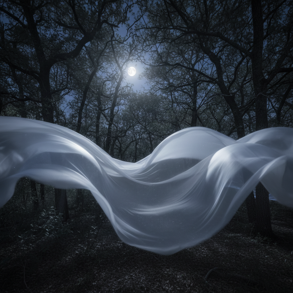 AI spooky art example — flowing translucent white fabric floating in a dark forest, backlit by pale moonlight with soft motion blur