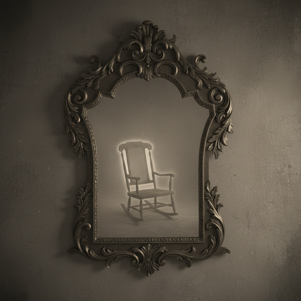 Eerie photo creation example — ornate antique mirror on a dim wall reflecting a faintly glowing empty rocking chair in muted sepia tones