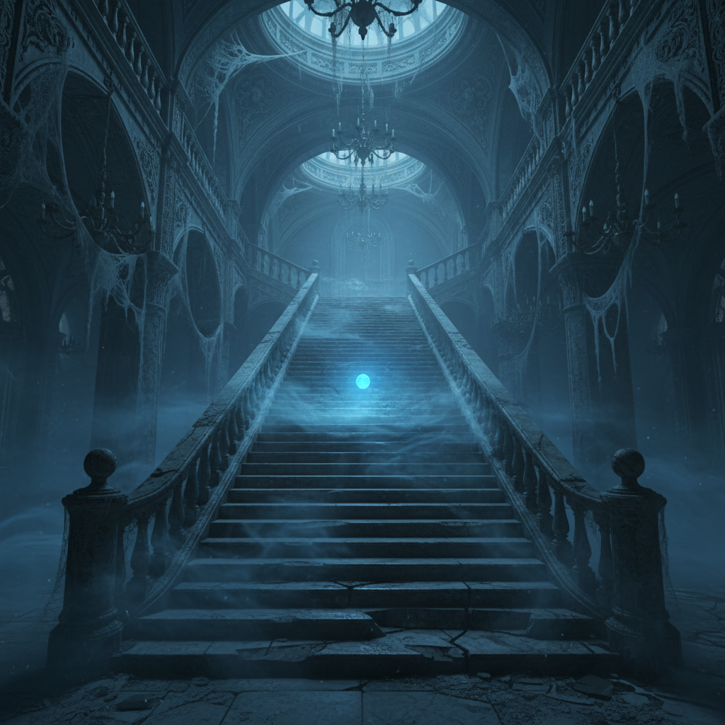 Ghostly visual effects example — abandoned grand staircase with drifting mist, dusty air and a small glowing orb of cold blue light