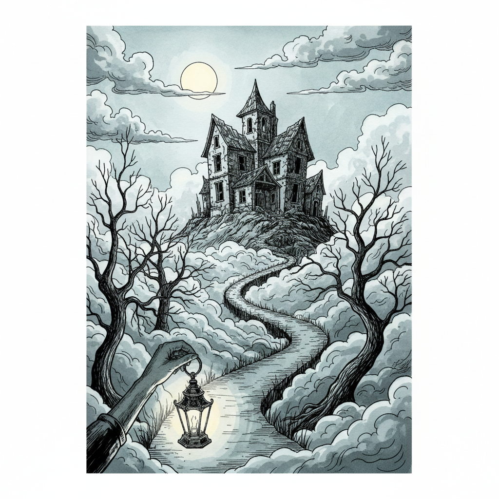 AI ghost story illustrator output — ink and wash illustration of a hand holding a lantern at the foot of a winding lane climbing through fog to a derelict manor under a full moon