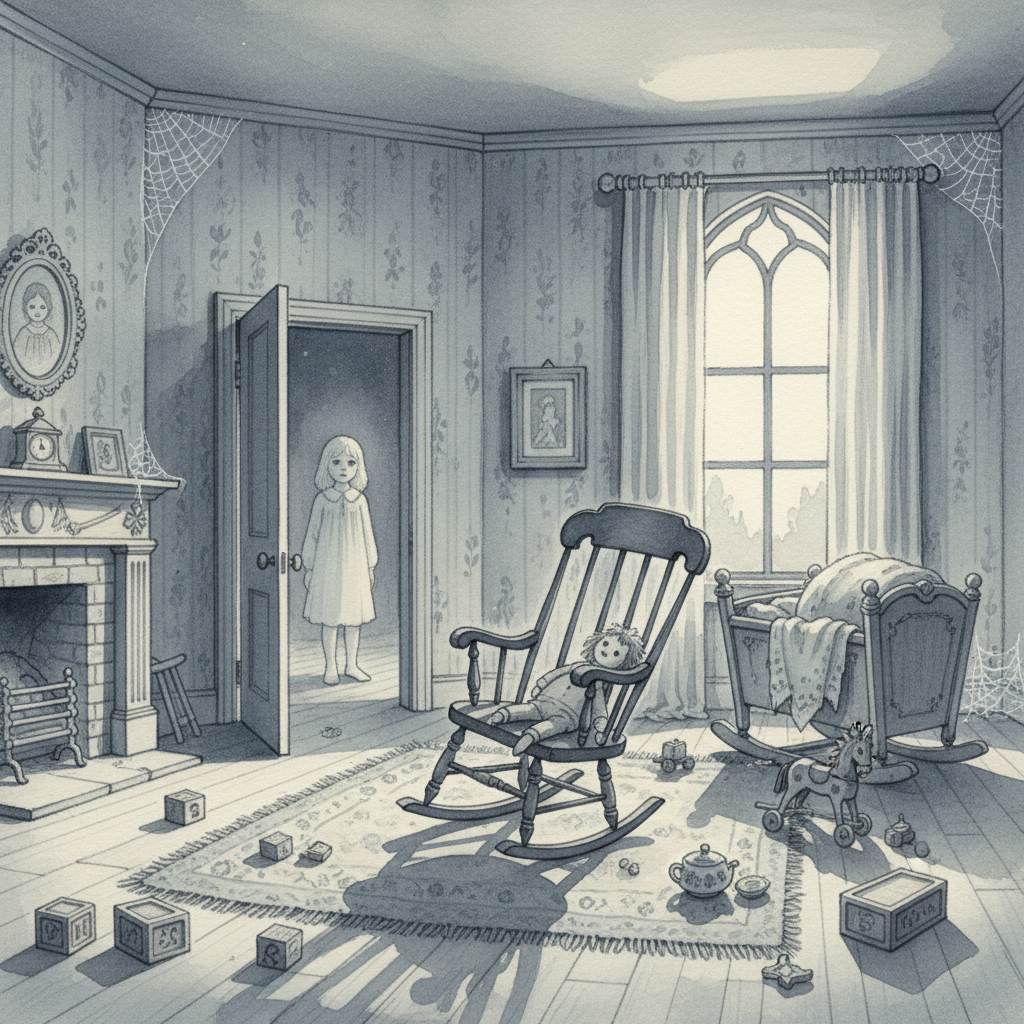 Ghost story illustrations example — watercolour of a Victorian nursery at night, cobwebbed and scattered with toys, an empty rocking chair and a pale child standing in the open doorway