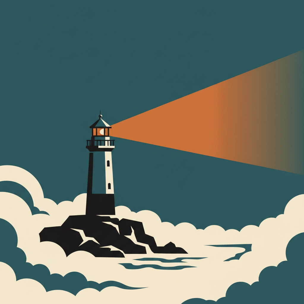 Spooky book art example — flat vector screenprint poster of a fog-drowned lighthouse with one beam cutting through mist, clean space above for a title