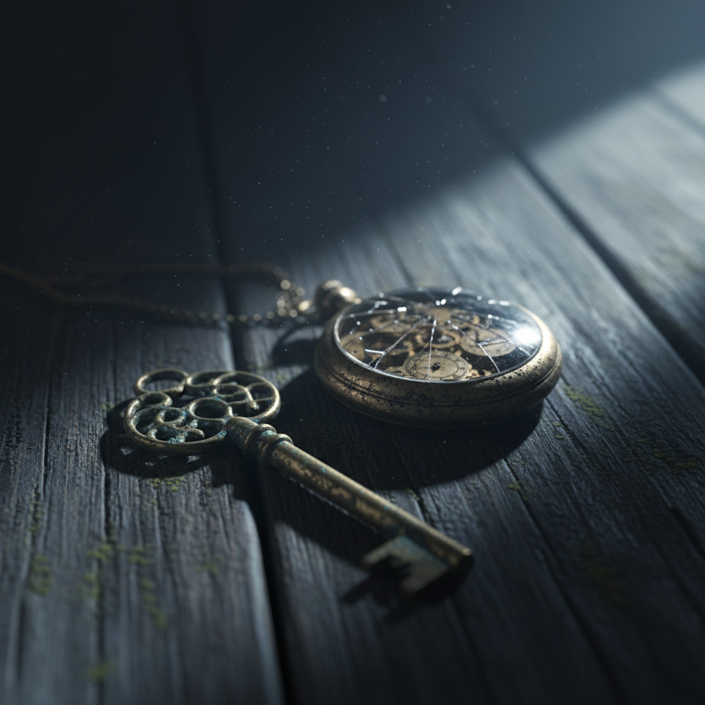 AI story visuals example — macro still life of an antique brass key and a cracked pocket watch on damp floorboards in a shaft of cold moonlight