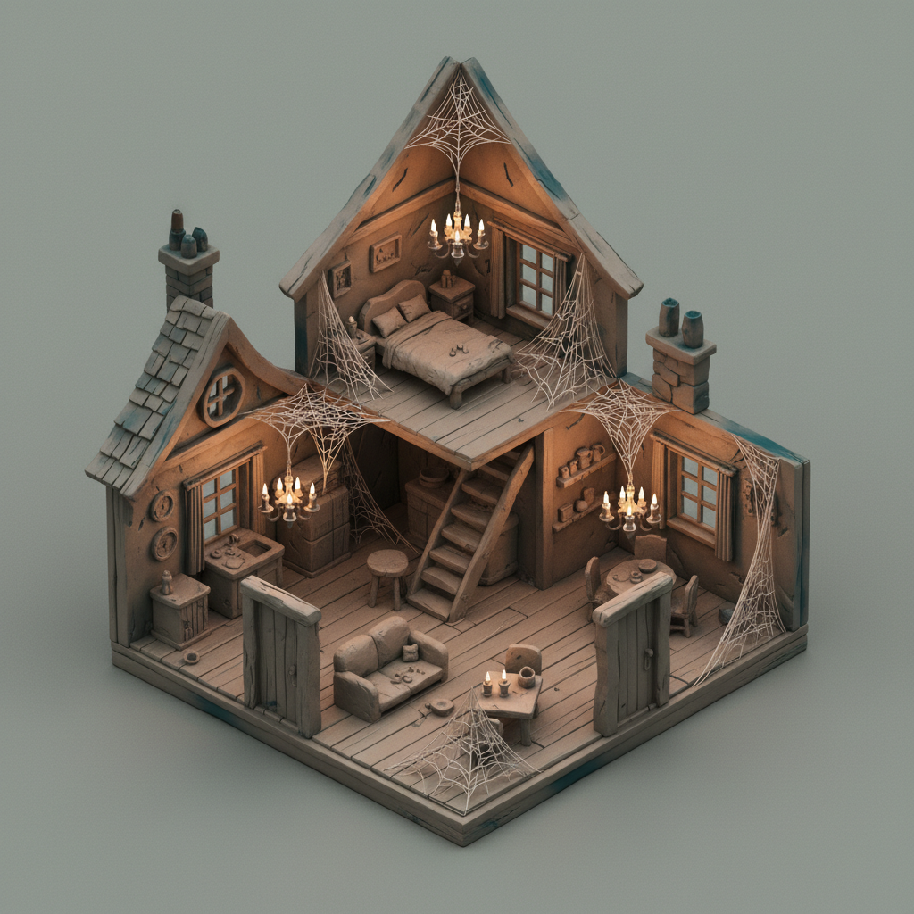 Ghostly narrative images example — isometric clay-render cutaway of a small haunted cottage showing three rooms lit by floating candles