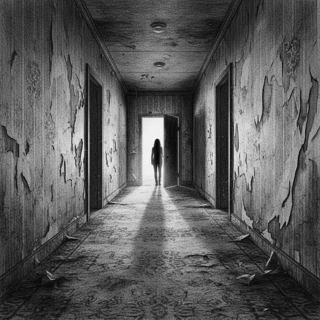 Ghost story art tool example — charcoal illustration of a long corridor with peeling wallpaper and a distant figure silhouetted in an open doorway spilling cold light down the carpet