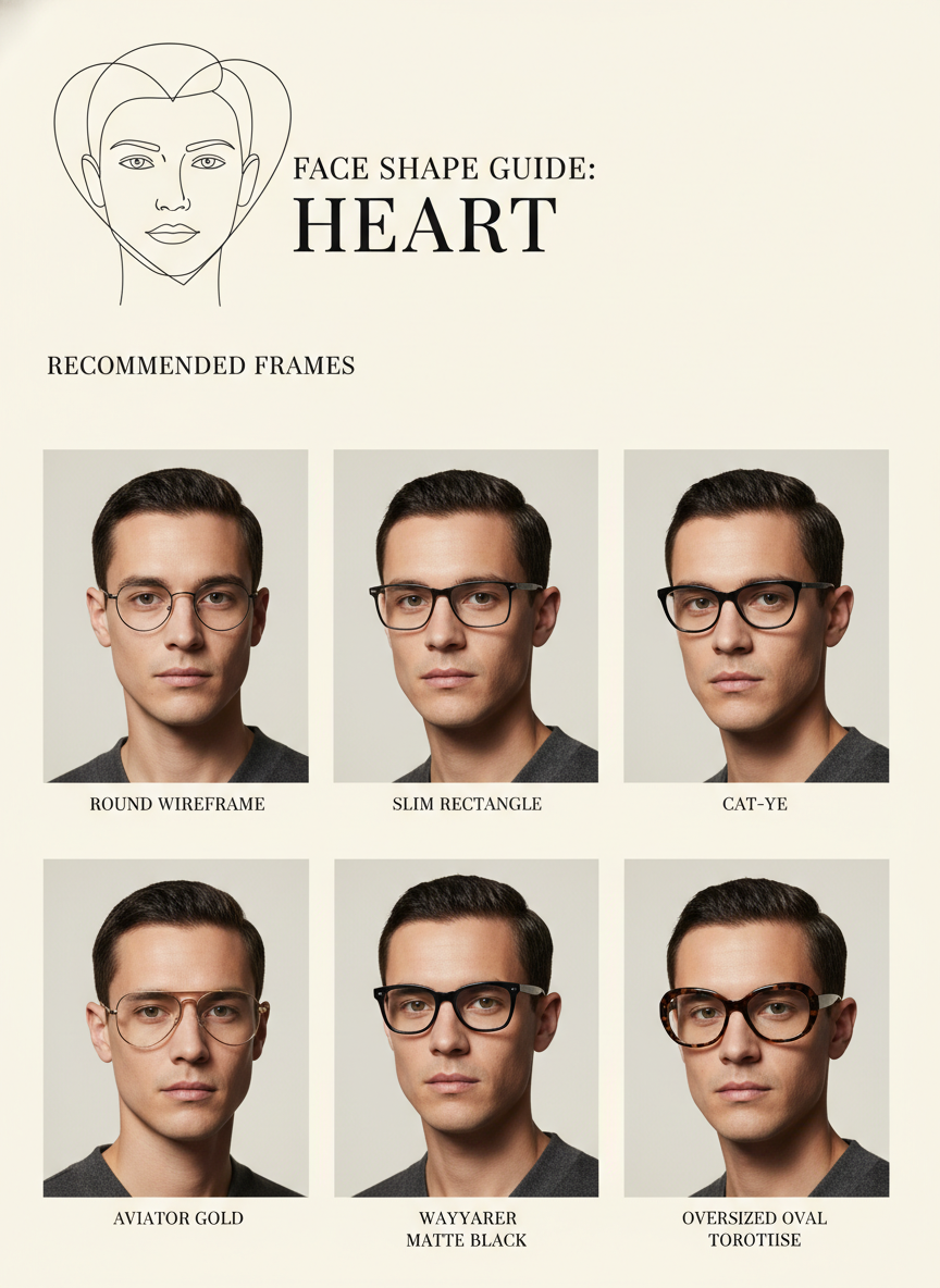 AI glasses guide magazine layout for a heart face shape — six recommended eyewear styles rendered on the same man, classic round through oversized oval tortoise, generated by GPT Image 2