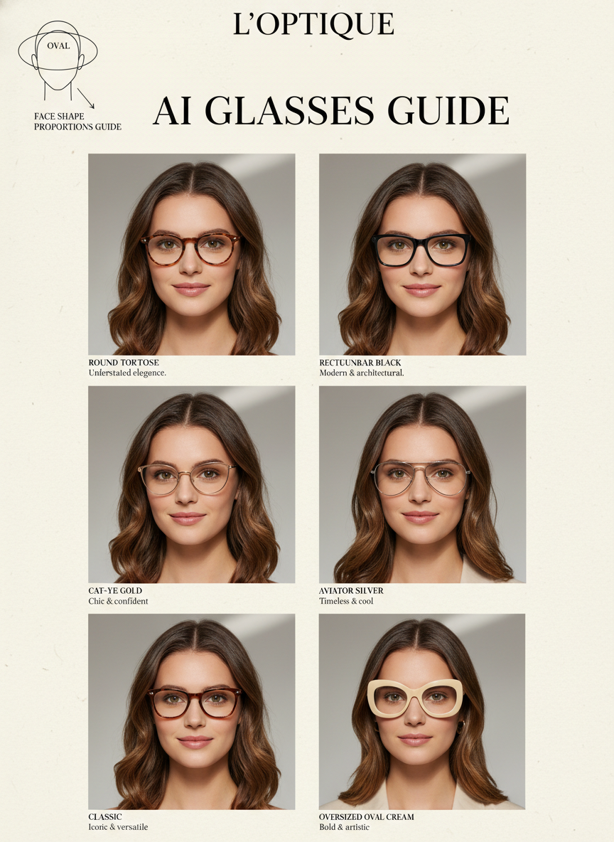 AI glasses guide editorial board for an oval face shape — six frame styles (round tortoise, rectangular acetate, cat-eye gold, aviator silver, classic wayfarer, oversized oval cream) rendered on the same young woman, generated by GPT Image 2 Pro