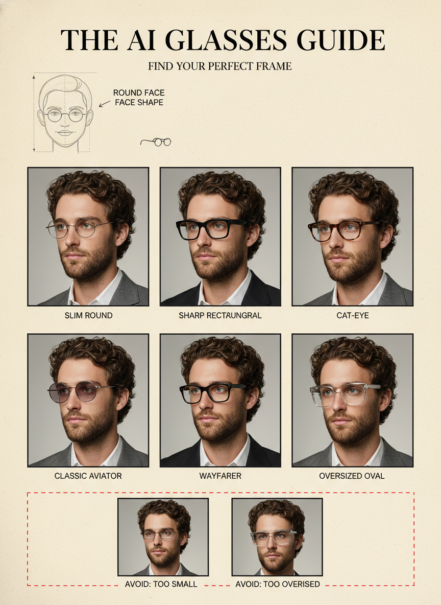AI glasses guide editorial for a round face shape — six photoreal frame styles on a young man plus a small frames-to-avoid strip, generated by GPT Image 2