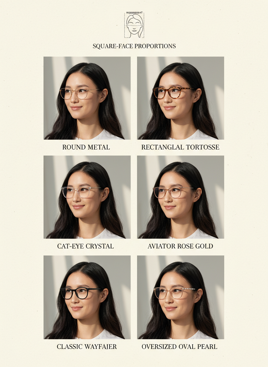 AI glasses guide grid for a square face shape — six frame styles photographed on the same Asian woman, optician-magazine aesthetic, generated by GPT Image 2 Pro