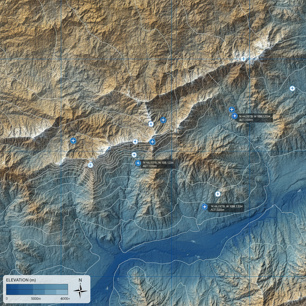 AI GNSS image mapping tools output — mountainous terrain with AI-generated topographic contour lines and an elevation heatmap
