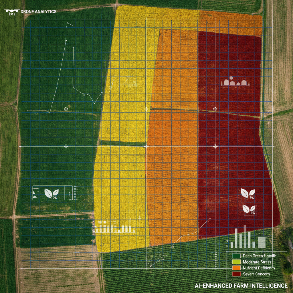 AI GNSS image mapping tools output — aerial map of farmland segmented into colored precision-agriculture zones with a GNSS grid