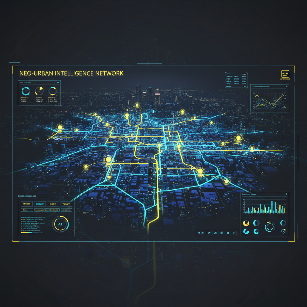 AI GNSS image mapping tools output — urban street network map with glowing route lines and GPS navigation nodes