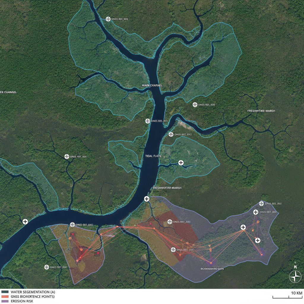 AI GNSS image mapping tools output — satellite imagery of a river delta and wetlands with AI water-body segmentation