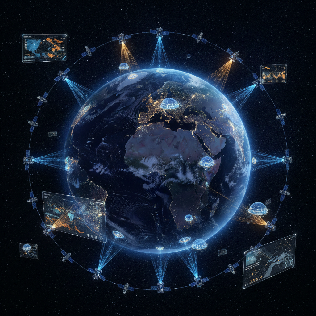 AI GNSS image mapping tools output — global digital earth view with glowing GNSS satellite constellation orbits and ground links