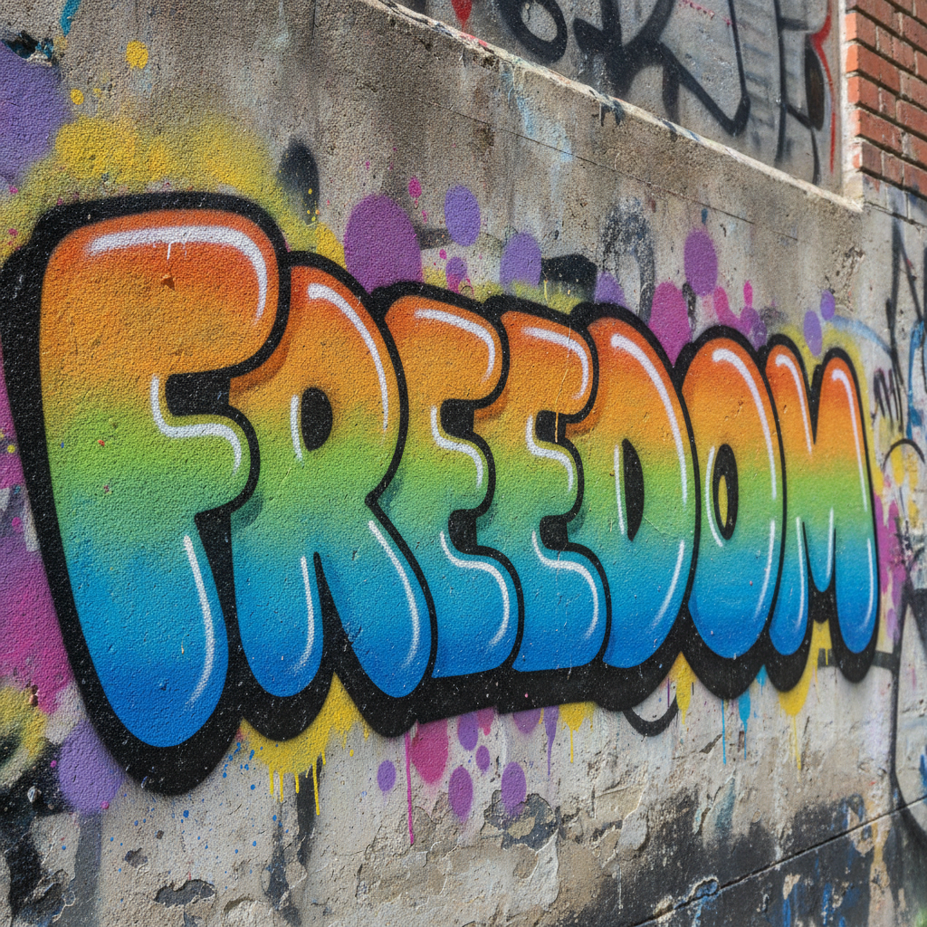 AI graffiti generator result — glossy 3D graffiti bubble letters with bright gradient colors on a concrete wall