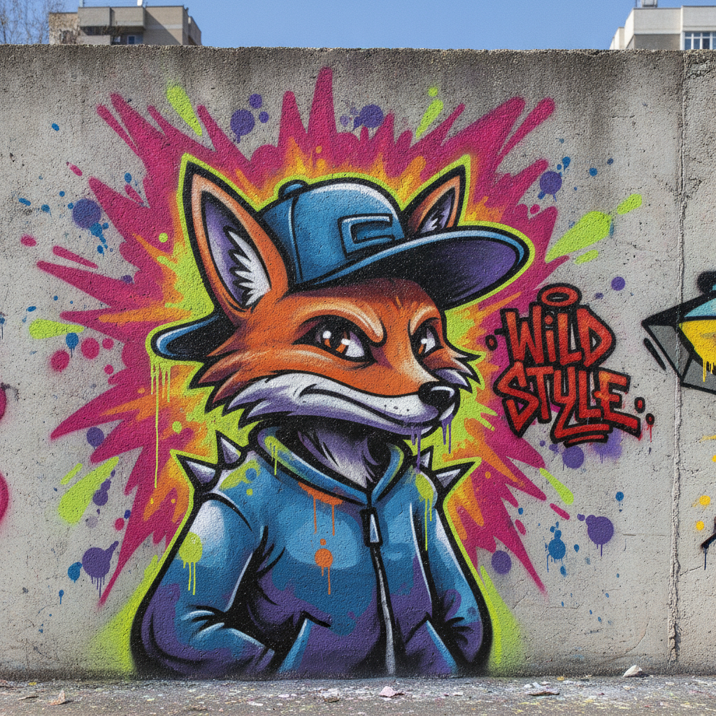 AI graffiti generator result — a street art mural of a stylized cartoon character with bold outlines on a concrete wall