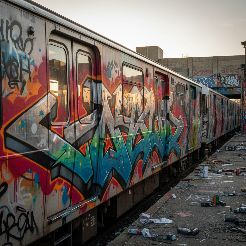 AI graffiti generator result — a large colorful wildstyle graffiti piece with 3D depth and chrome fills on a subway train