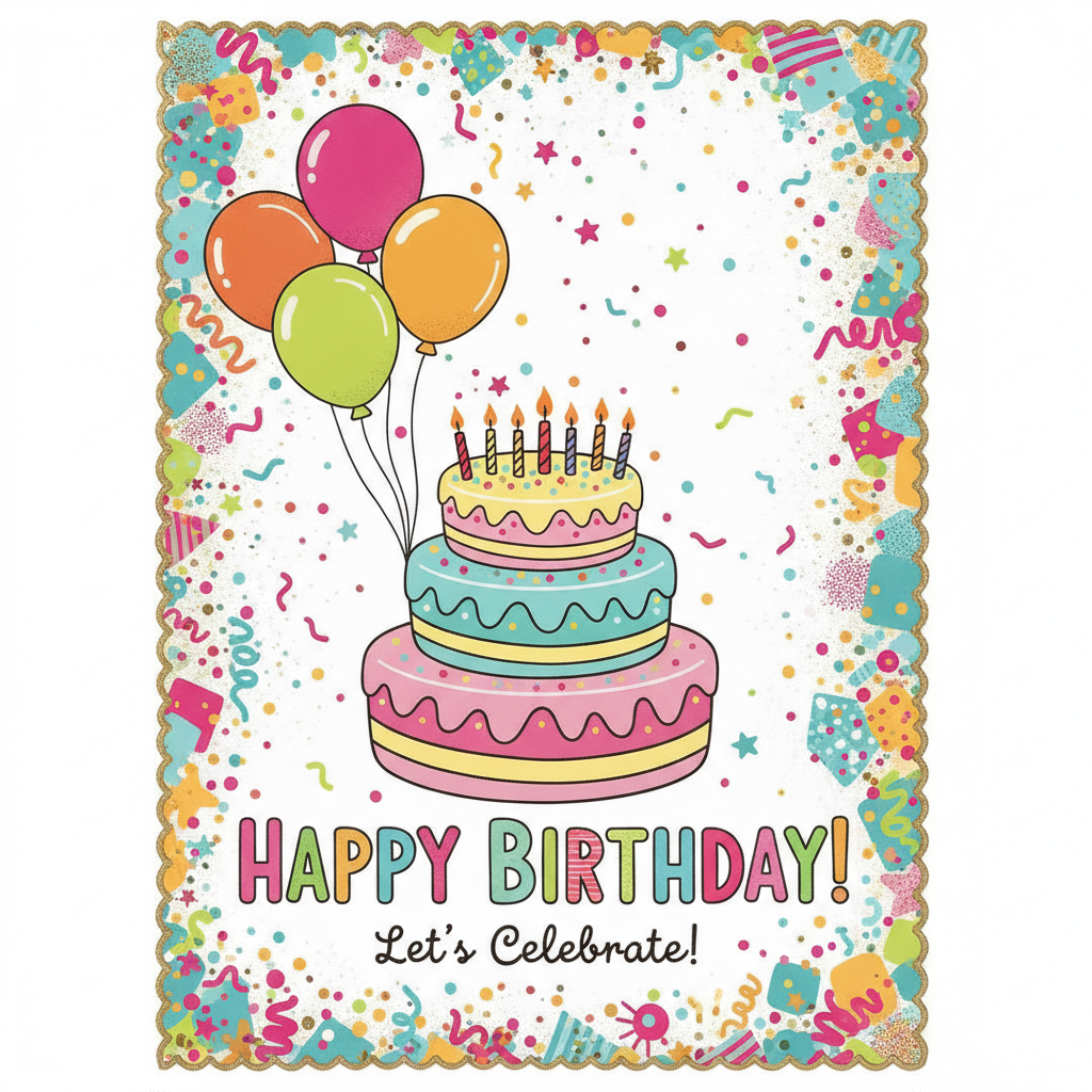AI greeting card maker result — a playful birthday card with a cake, candles and balloons