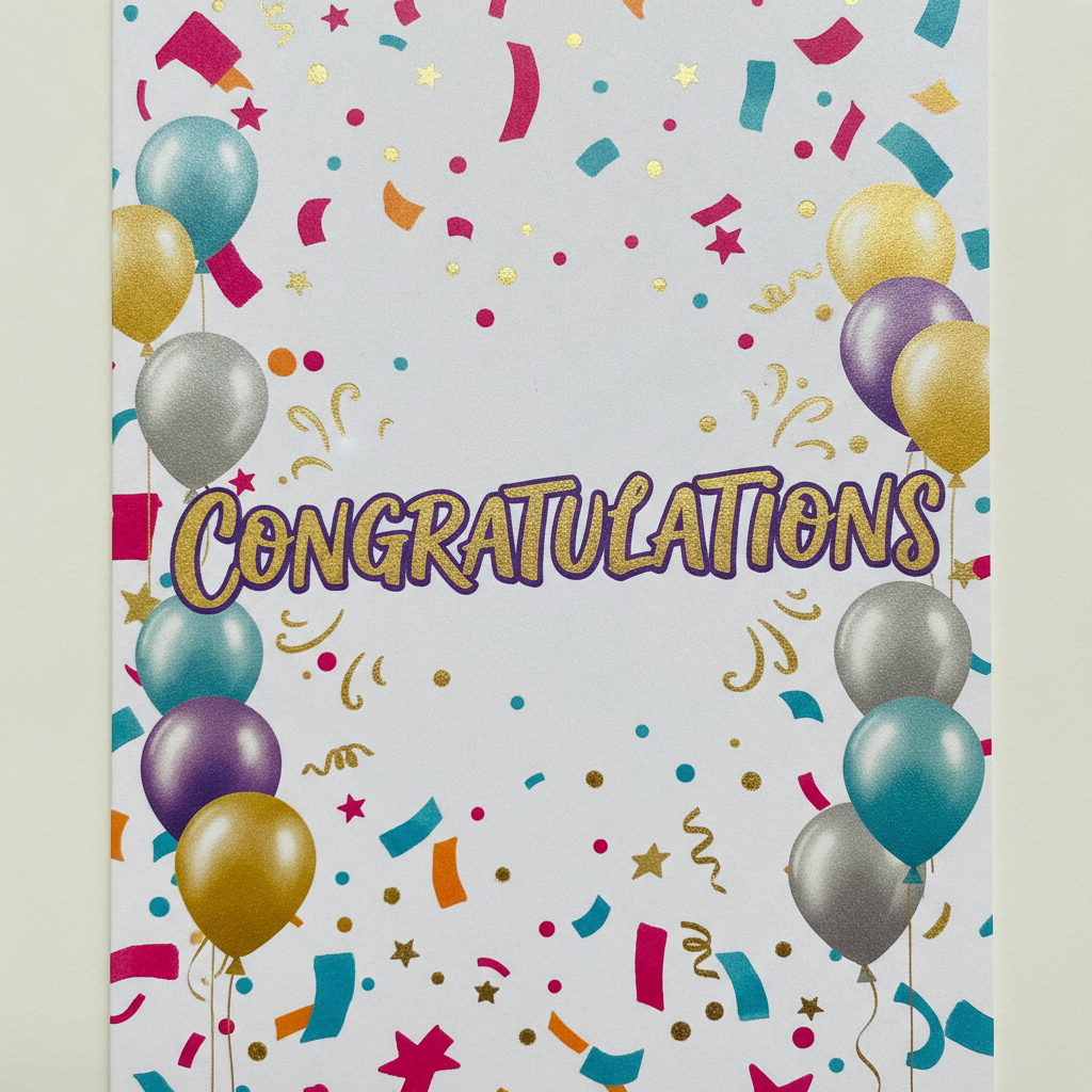 AI greeting card maker result — a congratulations greeting card with confetti and balloons