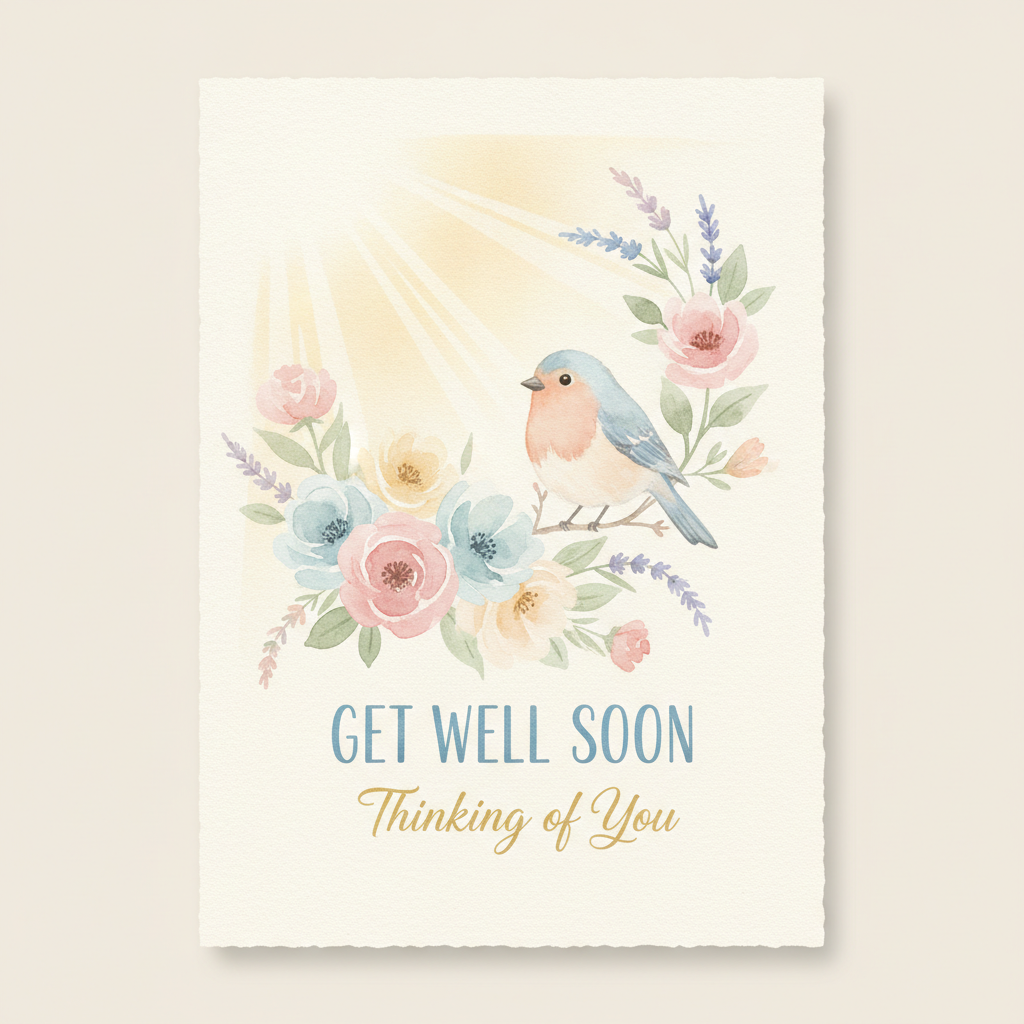 AI greeting card maker result — a heartfelt get well soon card with watercolor flowers