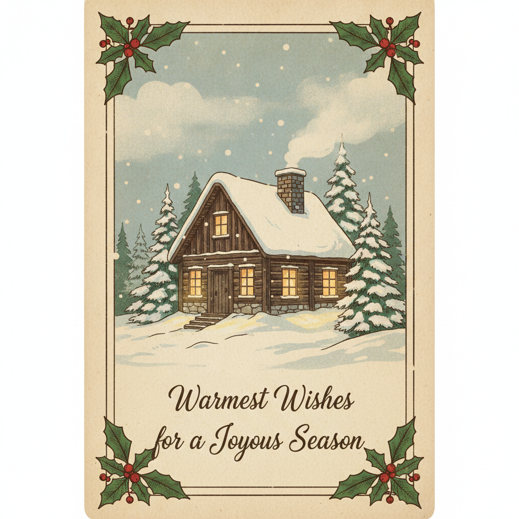 AI greeting card maker result — a cozy seasonal holiday card with a winter cabin and warm lighting