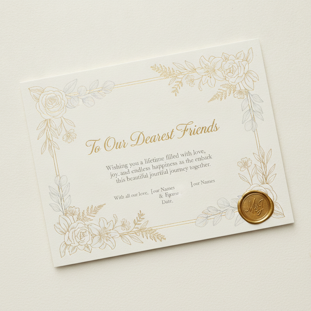 AI greeting card maker result — an elegant wedding card with gold foil floral motifs