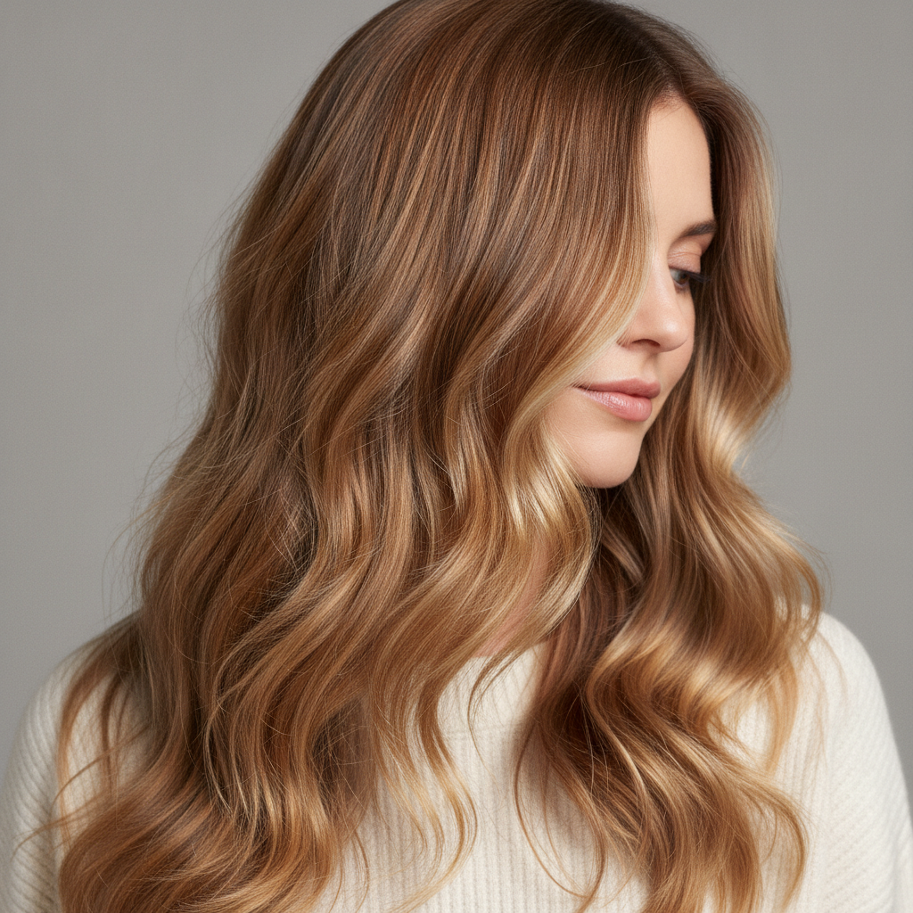 AI hairstyle generator result — a portrait of a woman with long wavy hair and warm balayage highlights