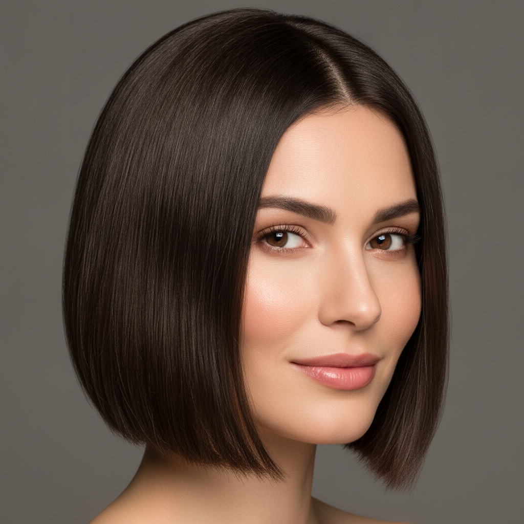 AI hairstyle generator result — a portrait of a woman with a sleek shoulder-length bob haircut in glossy brunette