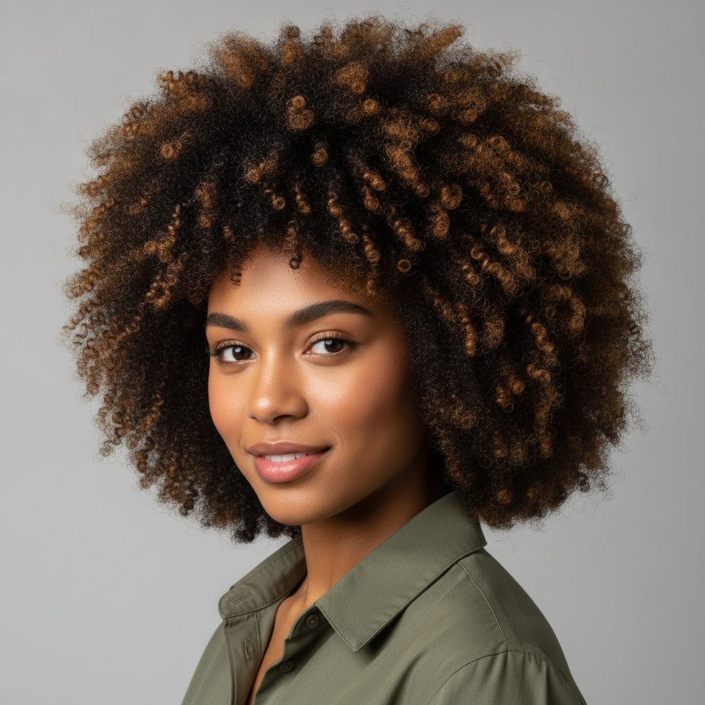 AI hairstyle generator result — a portrait of a person with a full natural curly afro and defined healthy curls