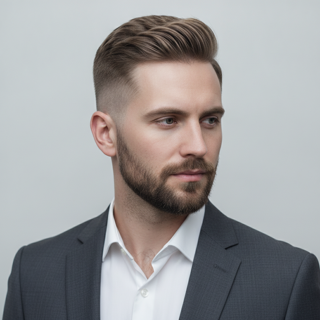 AI hairstyle generator result — a portrait of a man with a clean modern high fade haircut and styled top
