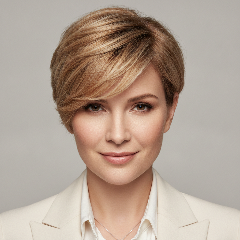 AI hairstyle generator result — a portrait of a woman with a chic short pixie cut and soft side fringe