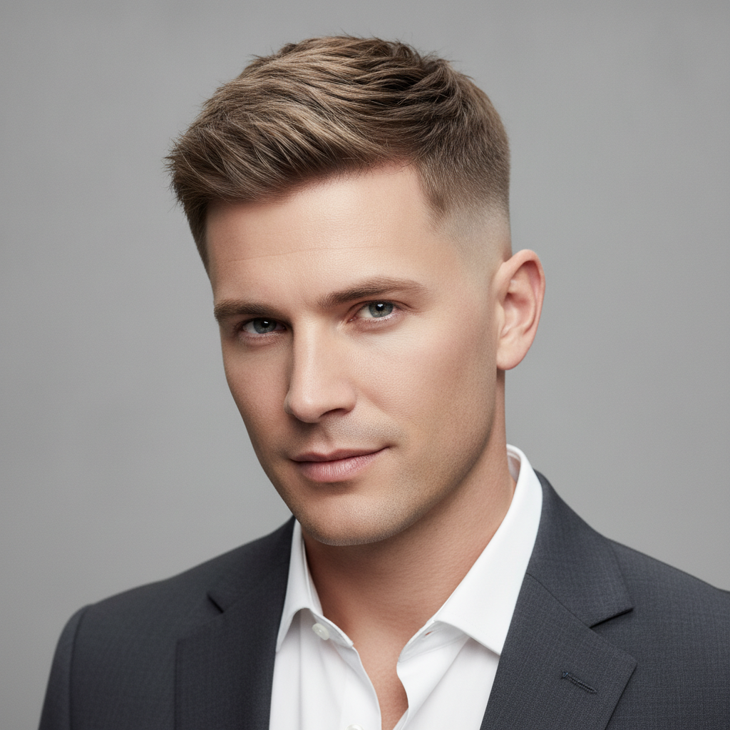 AI hairstyle generator result — a portrait of a man with a modern textured crop hairstyle and tidy short sides